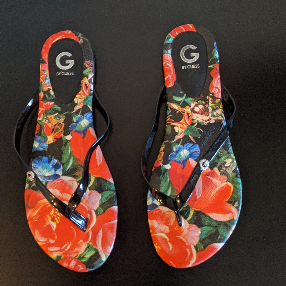G by Guess floral flip flops